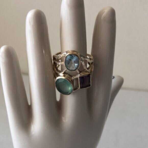 925 Sterling Silver Lacy Bezel Ring 3 Gemstones Purple, Blue & Aqua India Sz.7 - Picture 4 of 16
